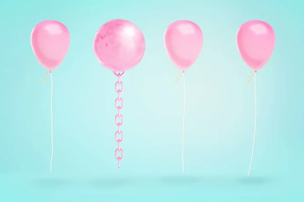 3D vykreslování převráceného růžové vykolejený vlak visí na modrém pozadí mezi několika růžové nafukovacích balónků. — Stock fotografie