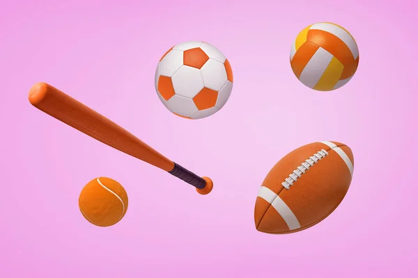 Renderowania 3D kilka kulek pomarańczowy, piłka nożna, futbol amerykański i tenis, z kijem na różowym tle. — Zdjęcie stockowe