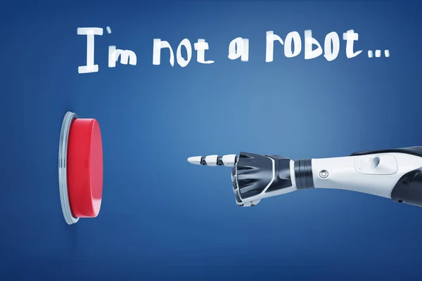 3d rendering of white robotic arm points at a large red button under a sentence Im not a robot written above.