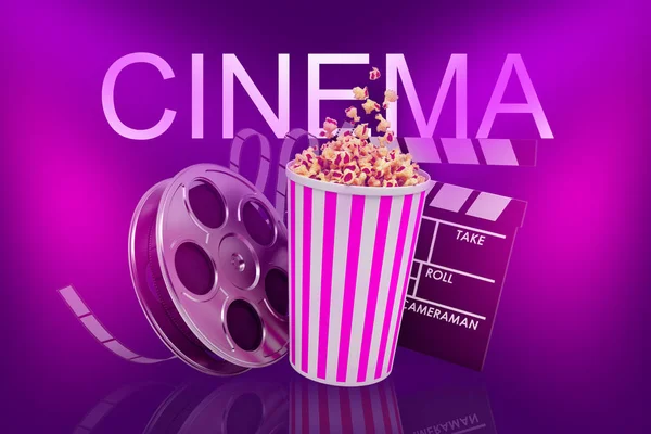 3d rendering of popcorn bucket with a movie film roll and a clapper under a word CINEMA on a purple background. — Stock Photo, Image