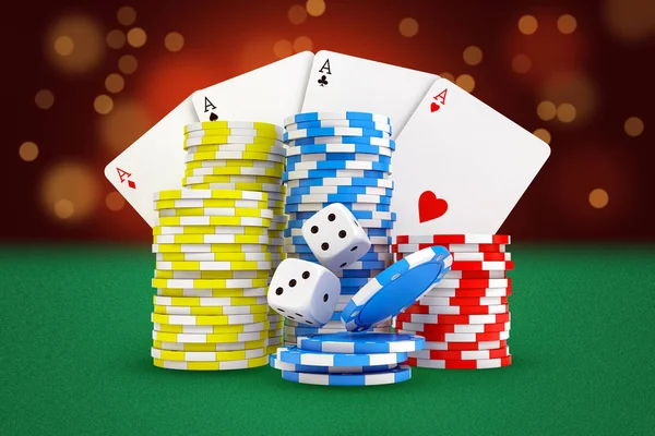 3d rendering of gaming cards, stacks of casino chips and dice stand on green felt background.