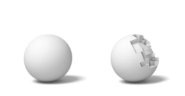 Rendering 3d di due sfere rotonde bianche isolate in piedi l'una vicino all'altra, una intera e un'altra mezza rotta . — Foto Stock