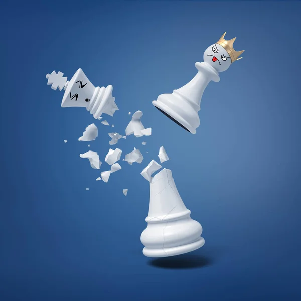 3d renderização de um pequeno peão branco coroado com um rosto mostrando língua quebra uma figura de xadrez grande rei . — Fotografia de Stock