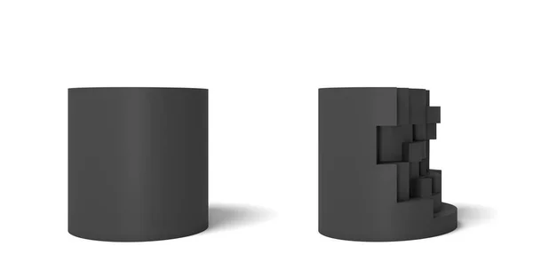Трехмерный рендеринг двух изолированных черных цилиндров один идеальный и цельный, а другой поломан . — стоковое фото