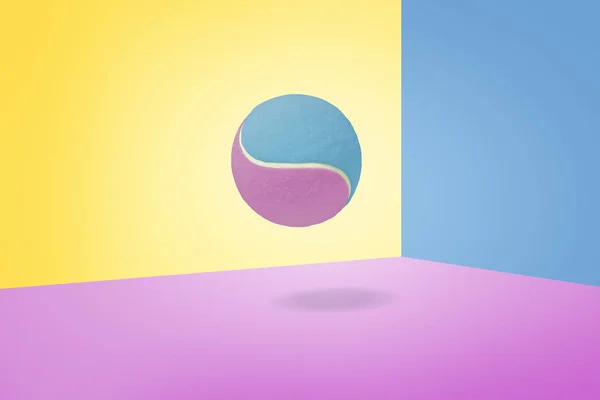3D візуалізація одиночного синього та фіолетового тенісного м'яча висить на трьох кольорах . — стокове фото