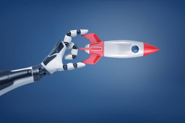 3D render büyük robot elin dikkatli bir şekilde metal bir retro roket onun parmak arasında tutar.