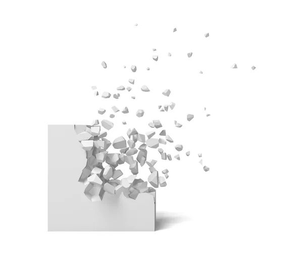 3D-weergave van een wit vierkantje op een witte achtergrond begint te krijgen vernietigd stuk voor stuk. — Stockfoto
