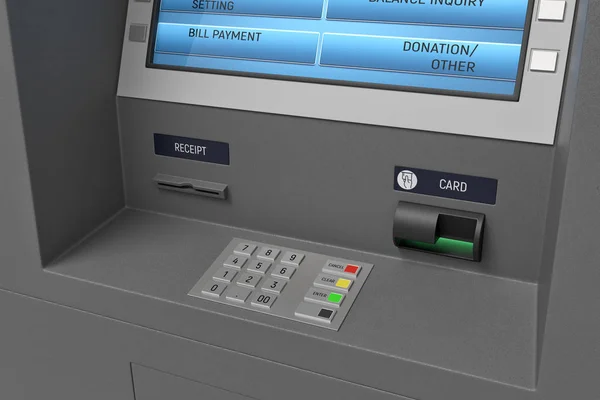 3D візуалізація банкомату з екраном і панеллю кнопок у близькому режимі . — стокове фото