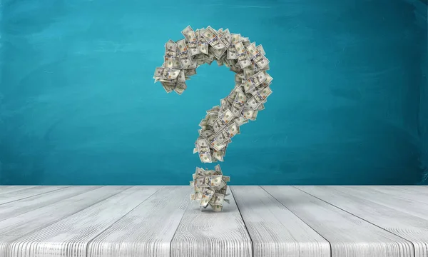 3D візуалізація знаку питання, зробленого з багатьох доларових банкнот, що висять над дерев'яним столом . — стокове фото