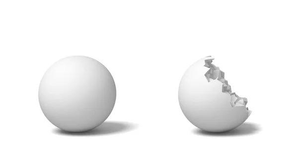 Τρισδιάστατη απεικόνιση του δύο απομονωμένες λευκές στρογγυλές μπάλες που στέκεται κοντά κάθε άλλο, ένα σύνολο και ένα άλλο μισο-σπασμένα. — Φωτογραφία Αρχείου