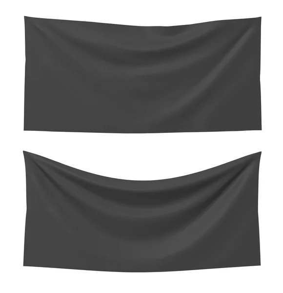 Rendu 3d de deux drapeaux rectangle noir, l'un droit et l'autre suspendu sur un fond blanc . — Photo