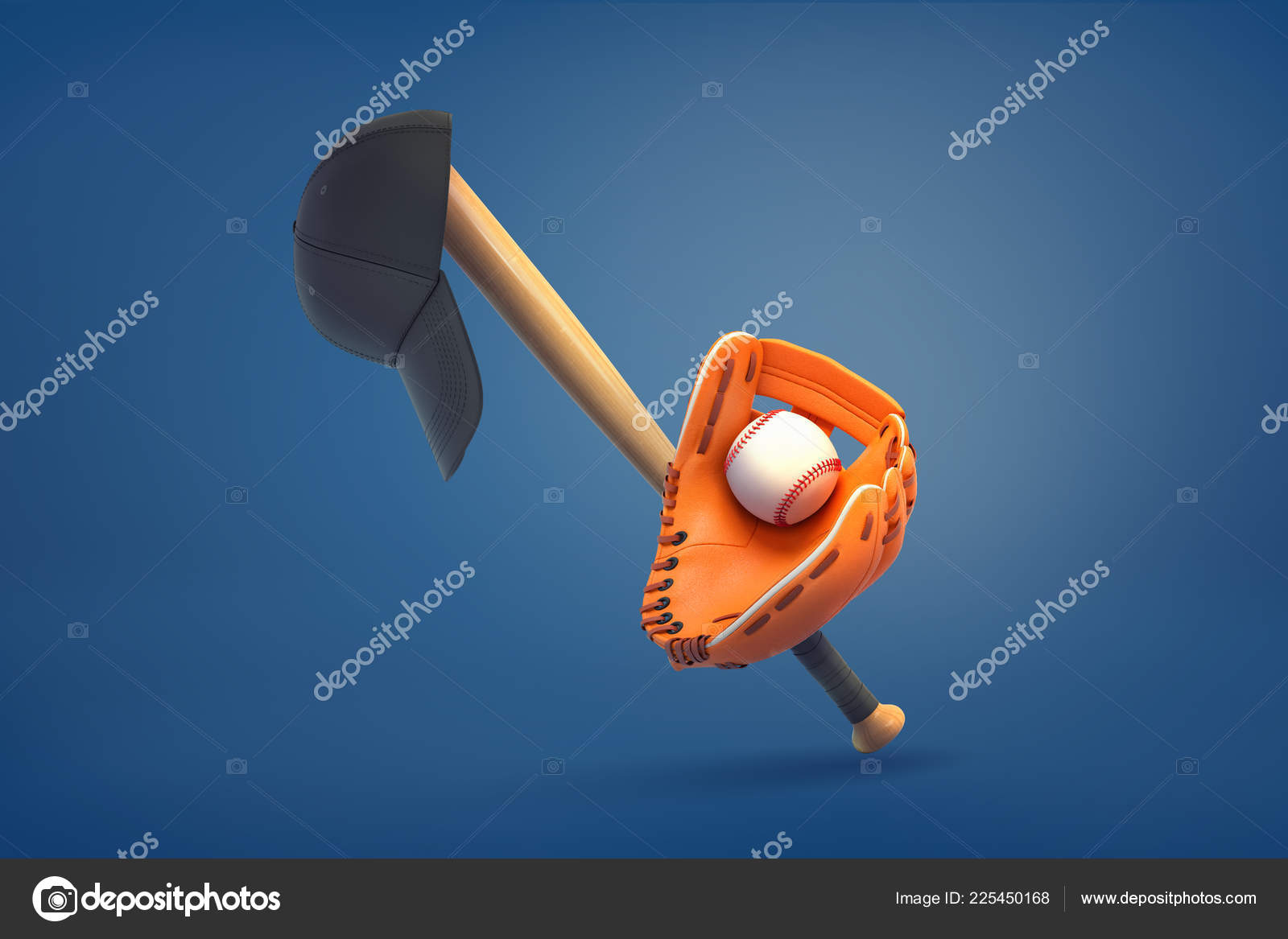 3d rendering of baseball bat with a cap hanging from it and a mitt with