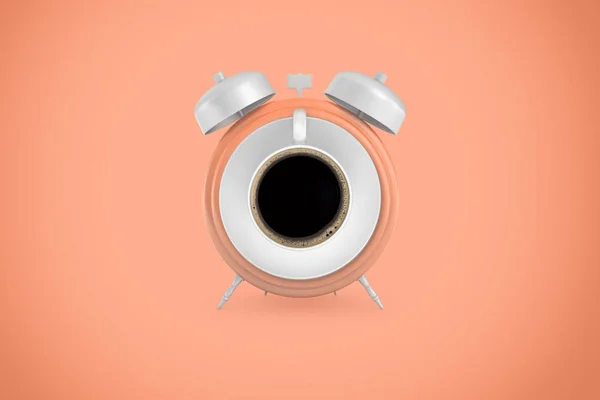 桃色の背景にその顔の代わりにコーヒーのカップを持つ大規模なレトロな目覚まし時計の 3 d レンダリング. — ストック写真