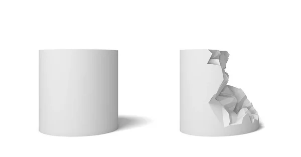 3D-weergave van twee geïsoleerde witte cilinder een perfect en geheel en de andere helft gebroken. — Stockfoto