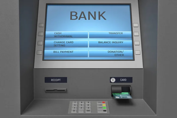 3d rendering of an ATM machine with its screen and button panel in a close view.