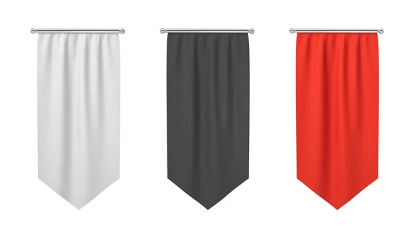 Rendu 3d de trois drapeaux rectangulaires noir, blanc et rouge suspendus verticalement sur un fond blanc . — Photo