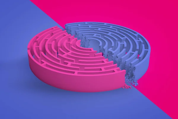 3d rendering of dark magenta and violet round maze broken in half right in the middle on a contrast background.