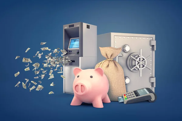 3d renderização de bancadas porquinho cercado por uma máquina ATM, um saco de dinheiro, uma caixa segura e um terminal de POS . — Fotografia de Stock