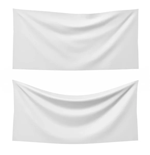 3d renderização de duas bandeiras de retângulo branco, um em linha reta e outro pendurado em um fundo branco . — Fotografia de Stock