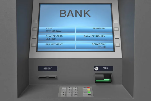 3d rendering of an ATM machine with its screen and button panel in a close view. — Stock Photo, Image