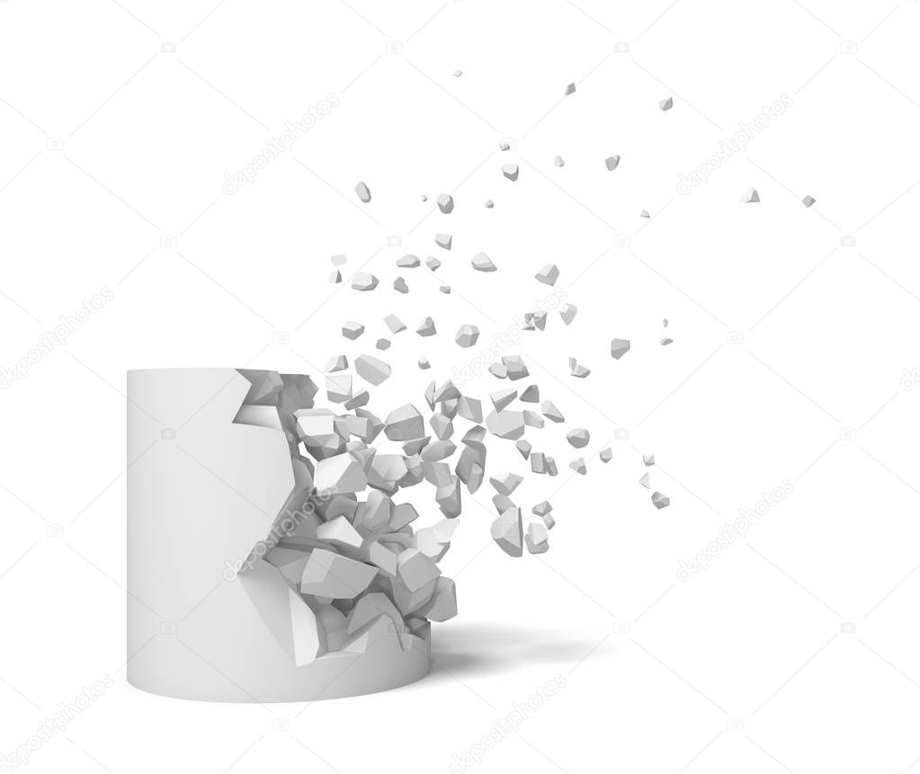 3d rendering of a solid cylinder getting destroyed with pieces flying up.