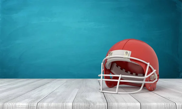 3d rendering di un casco da football americano sdraiato su uno sfondo scrivania di legno con una parete blu . — Foto Stock