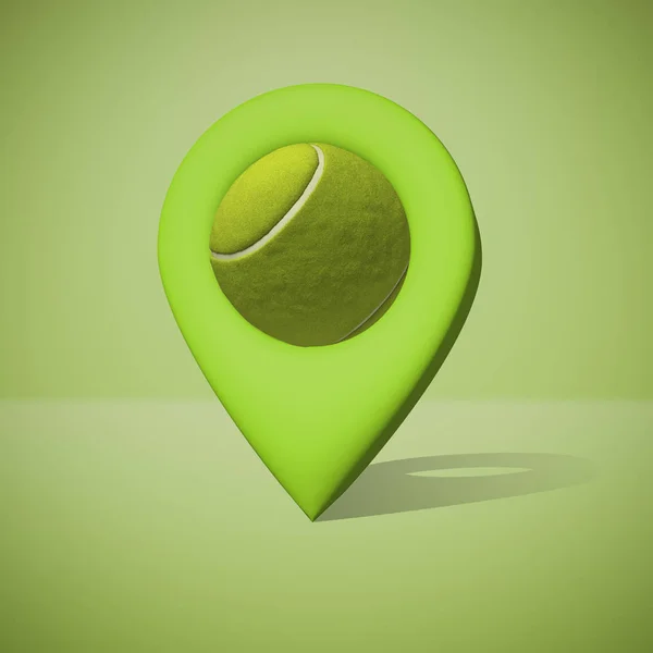 3D-rendering av geotag med tennisboll i stället för utsäde på grön bakgrund — Stockfoto