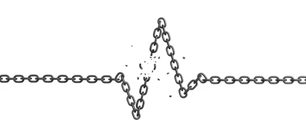 3d rendering of an iron chain lying in a shape of a heart rate with several broken links. — Stock Photo, Image