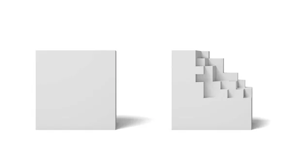 3D-weergave van twee geïsoleerde witte vierkanten een perfect en geheel en andere helft gebroken. — Stockfoto