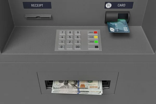 3D visszaadás-ból egy bank bankautomata kilóg egy slot egy gomb panel és a dollár számlák szoros kilátással. — Stock Fotó