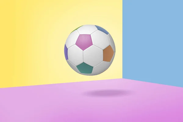 3d rendering of a single soccer ball with colorful patches hands on three-colored pastel background. — Stock Photo, Image