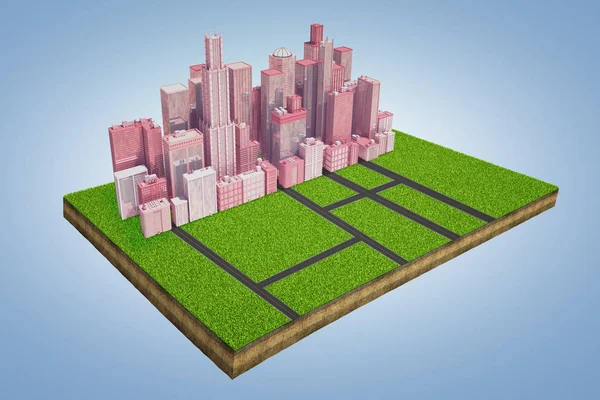 3d rendering of a model of a land plot with a cluster of tall business buildings standing near an intersection of roads.