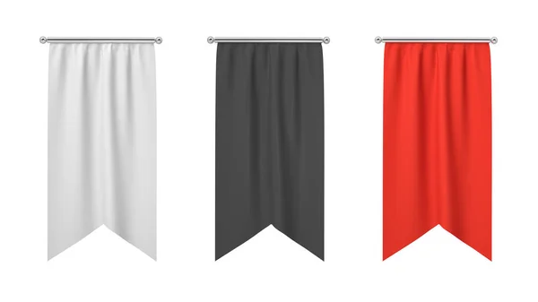 Rendu 3d de trois drapeaux rectangulaires noir, blanc et rouge suspendus verticalement sur un fond blanc . — Photo