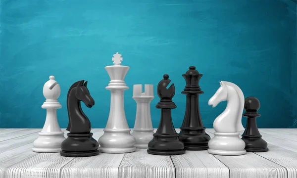 Representación 3d de un conjunto de figuras de ajedrez en blanco y negro de pie sobre una mesa de madera . —  Fotos de Stock