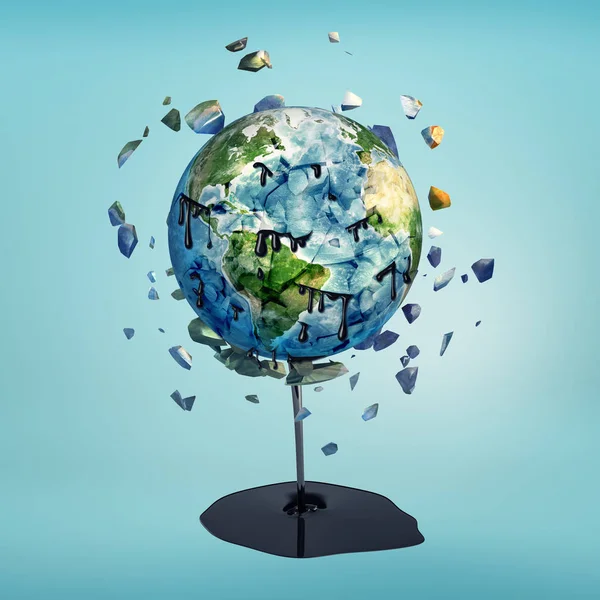 Dünya küre yağı ile parçalanmış 3D render mavi zemin üzerine dökmek