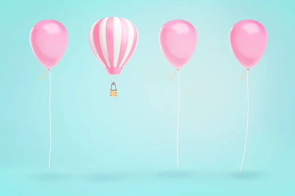 3d rendering of hot air balloons hovering in a line of identical pink party balloons on a blue background.