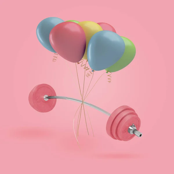 3D візуалізація вигнутого штанги з важкими рожевими вагами висить з набором різнокольорових повітряних кульок, прив'язаних до нього . — стокове фото