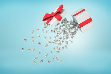 bir devrilmiş hediye kutusu dışında düşüyor birçok doları banknot ile 3D render.