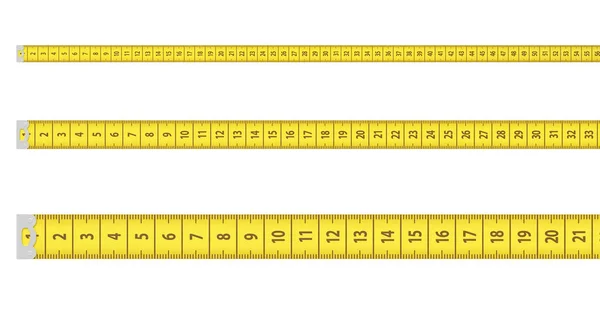 3d renedring of three straight lines of yellow measurement tapes with two of them further away in the perspective isolated on a white background. — Stock Photo, Image