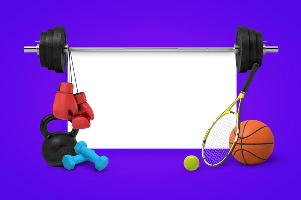 Representación 3d de un campo de texto rodeado de equipos de gimnasio, como una barra de pesas, diferentes pesos y bolas . —  Fotos de Stock