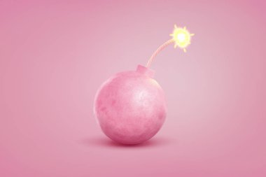 3d rendering of single large pink iron bomb with a lit fuse stands on a pastel pink background. clipart