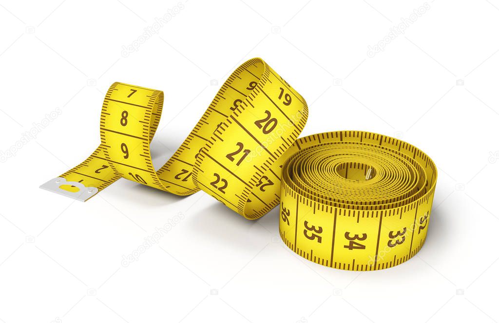 3d rendering of a roll of a yellow measuring tape starting to unroll on a white background.