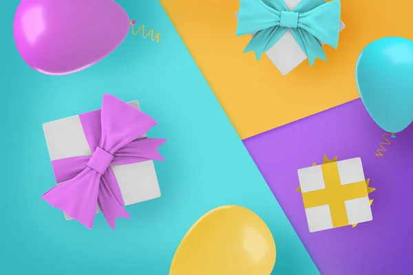 3D representación de varias cajas de regalo y globos de fiesta de colores de contrato en las secciones de fondo de contraste . — Foto de Stock