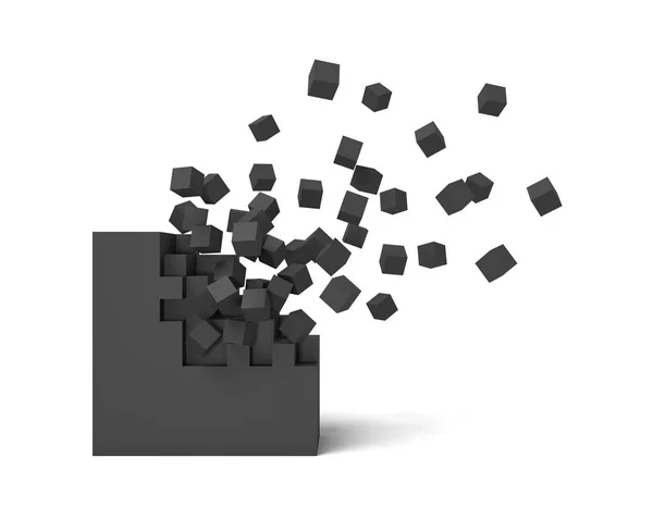 3D-weergave van een zwart vierkantje op een witte achtergrond begint te krijgen vernietigd stuk voor stuk. — Stockfoto