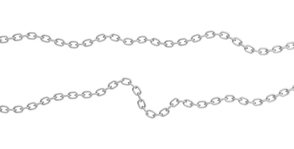 3d renderização de duas tiras de cadeias de aço polido deitado enrolado sobre um fundo branco . — Fotografia de Stock