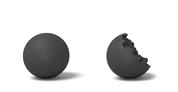 Rendering 3d di due palle rotonde nere isolate in piedi l'una vicino all'altra, un intero e un altro mezzo rotto . — Foto Stock