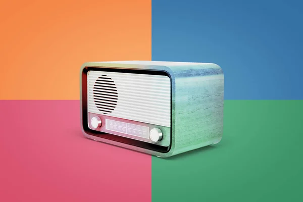 3d rendering of old radio set on four color background