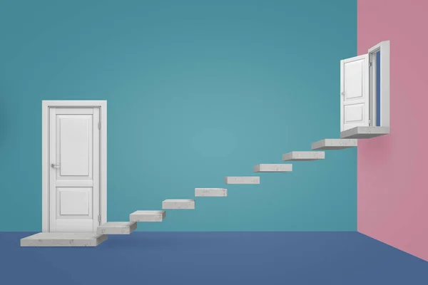 3D-weergave van een lege ruimte met twee deuren en marmeren trappen opgehangen in de lucht leidende uit één deur omhoog naar de andere. — Stockfoto