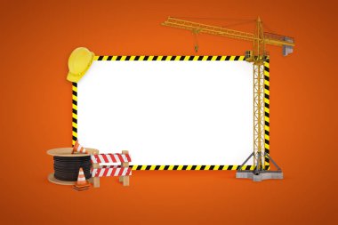 3D render ile bir inşaat vinç, baret, kablo makara etrafında metin için boş bir şablon.