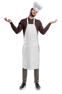 Beyaz önlük ve beyaz arka plan üzerinde izole eller yükselterek şapka şef